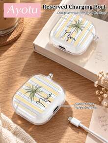 Personalized Striped Coconut Tree Custom Name Earphone Case, Custom Name Transparent Soft TPU Wireless Earphone Protective Cover Compatible With AirPods 3/4/5/Pro/Pro2/Pro3, Transparent Design, Snug Fit, Tropical Bohemian, Modern Style, Ideal Gift For Classmates, Friends, Sisters, Best Friends, Colleagues, Mothers - Multicolor - View 7