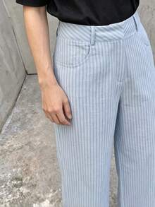 Women's Low Waist Vertical Striped Wide Leg Pants, Casual Woven Loose Fit With Pockets Long Pants - Baby Blue - View 3