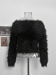 Sexy Style Short Sweater Women Autumn/Winter Lazy Loose Fluffy Soft Knitted Top - Black - View 6
