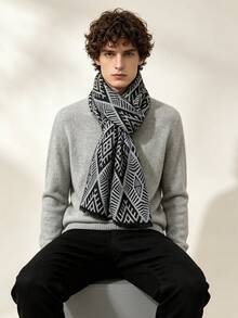 1pc Faux Cashmere Premium Diamond Geometric Jacquard Warm Scarf, Men's New Autumn/Winter Fashion Versatile Style Suitable For Matching And Decoration - Dark Grey - View 3
