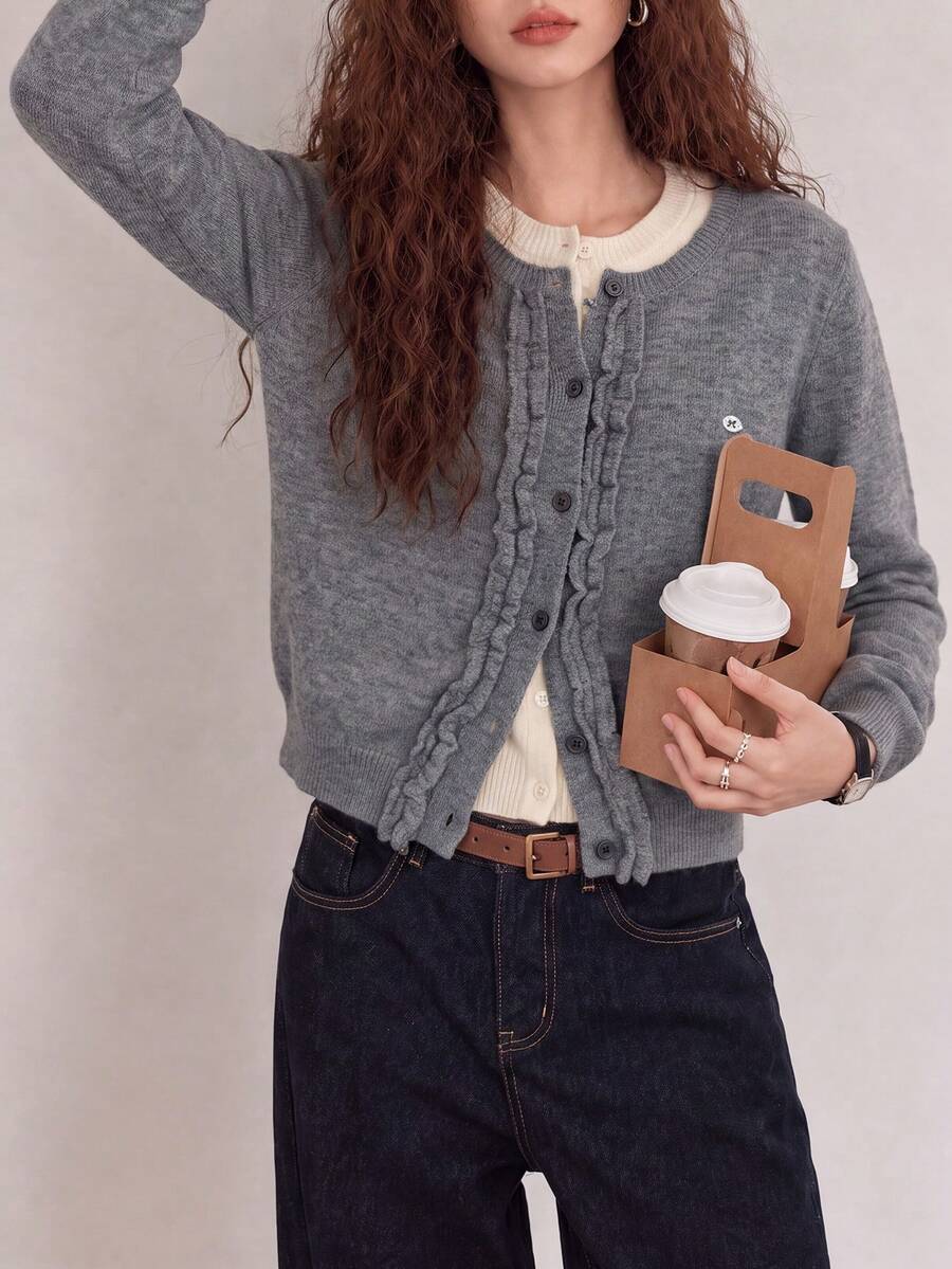 Women's Autumn/Winter Frill Trim 2 In 1 Cardigan Jacket - Grey - View 1