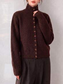 Women's Vintage Brown Knitted Cardigan, High Neck Button Long Sleeve Regular Fit, Suitable For Autumn/Winter, Slightly Elastic And Comfortable - Coffee Brown - View 1
