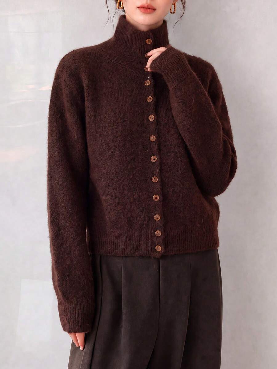 Women's Vintage Brown Knitted Cardigan, High Neck Button Long Sleeve Regular Fit, Suitable For Autumn/Winter, Slightly Elastic And Comfortable - Coffee Brown - View 1
