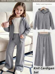 2pcs/Set Girls' School Style Solid Color Cable Knit Hooded Cardigan Sweater And Solid Color Knitted Long Pants, Suitable For School, Daily Wear, Casual, Spring, Autumn, Winter - Grey - View 6