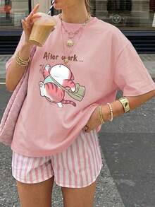 Women's Casual Fat Cat Print Crew Neck Short Sleeve T-Shirt, Everyday After-Work Top For Spring/Autumn/Summer - Pink - View 1