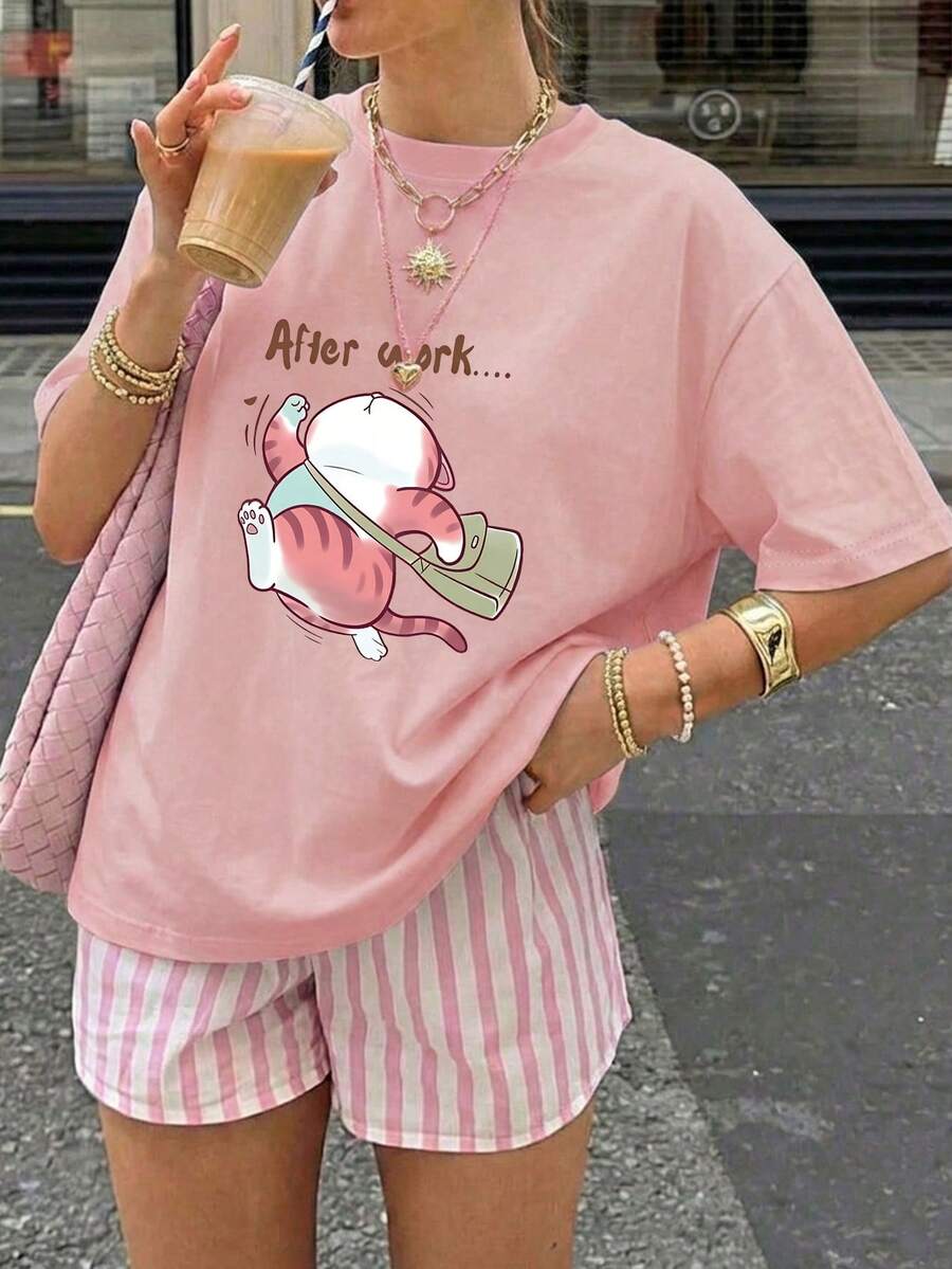 Women's Casual Fat Cat Print Crew Neck Short Sleeve T-Shirt, Everyday After-Work Top For Spring/Autumn/Summer - Pink - View 1