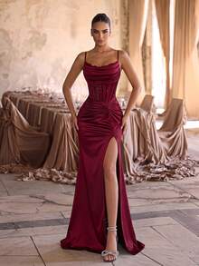 ADYCE Elegant Spaghetti Strap Lace Patchwork High Waist Pleated Slit Backless Floor Length Maxi Dress, Suitable For Ball, Evening Party, Date, Wedding Guest, Dinner, Autumn - Burgundy - View 8