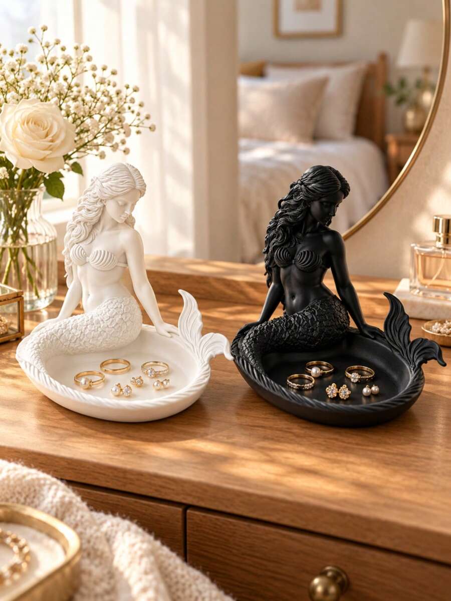 Mermaid Jewelry Tray, Exquisitely Carved Marine Creature Design With Clearly Visible Curly Hair And Fish Scale Texture. The Tray Groove Can Hold Delicate Silver Rings And Pearl Earrings, Suitable For Home Decor - Multicolor - View 1
