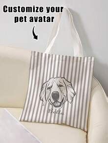 1Pc Custom Pet Photo Multi-Stripe Canvas Reusable Tote Bag, Large Lightweight Stylish Carryall For School Party Daily Shopping,Perfect Gift - Multicolor - View 2