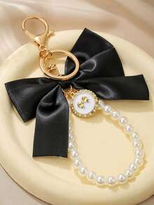 Creative Colorful Webbing Keychain With Bow And Pearl Bag Charm Key Gift For Women Purse Handbags - Black - View 2