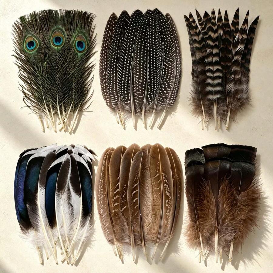 Mixed Color Handmade Feathers 15/30/48pcs, 6 Mixed Color Bird Feathers, Suitable For Hat Making, Jewelry, Wedding, Clothing DIY Decoration - A - View 1