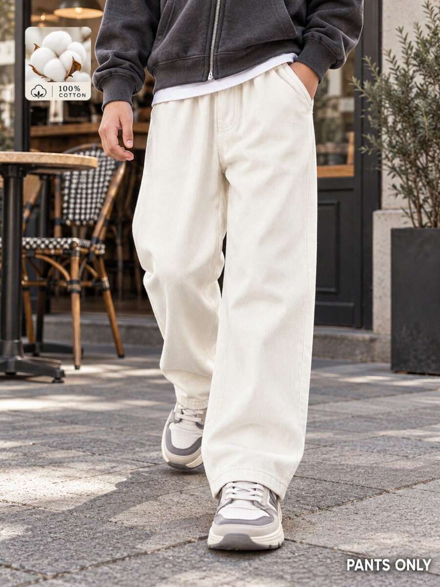 Boys' Casual Classic Versatile Pure Cotton White Long Pants Suitable For Vacation, Party, Performance, Daily, School And Other Occasions - White - View 1