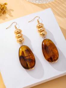 1 Pair European & American Style Beaded Patchwork Brown Resin Drop Earrings, Autumn/Winter Jewelry Gift, Versatile Exaggerated Earrings For Commute & Date, Women's - Brown - View 4