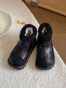 Vintage Patchwork Kids Thermal Lined Ankle Boots, Round Toe Side Zipper Thick Sole Anti-Slip Comfortable Baby Winter Boots - Black - View 3