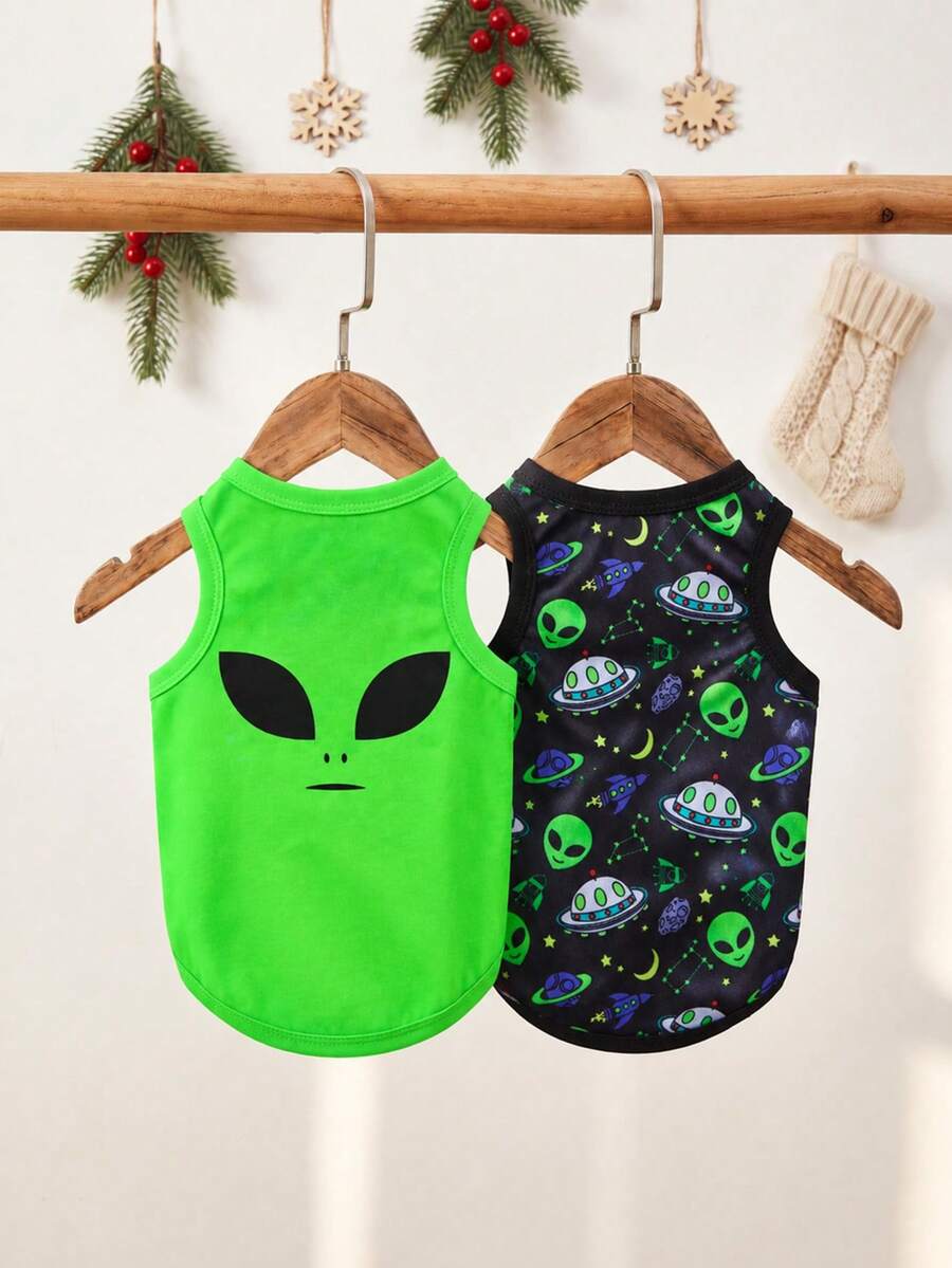 LUCKIE LABO 2pcs Polyester Alien Printed Vest, Anti-flea, Reducing Hair Shedding, Insulation And Breathable For Cats And Dogs Indoor&outdoor - Multicolor - View 1