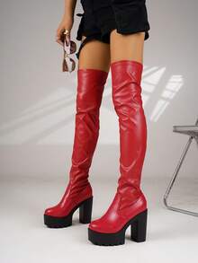 Women's Ruched Elastic Over-The-Knee Boots, High Chunky Heel Waterproof Platform Height-Increasing Fashion Long Boots, Perfect For Matching With Skirts - Red - View 2