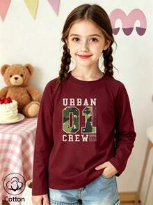 Girls' Cute Printed Long-Sleeve Casual Sports T-Shirt With Set-In Sleeves And A Round Neckline - Jujube Red - View 10