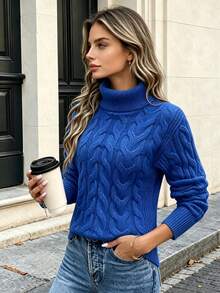 This Comfortable Regular Length Knit Pullover Is Designed For Women, Featuring A High Neck And Long Sleeves, Showcasing A Cable Knit Pattern With A Touch Of Stretch. - Blue - View 2