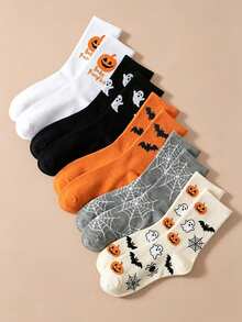 Halloween Mid-Calf Socks, Elastic Cotton Fabric, Multi-Color Cartoon Ghost Jacquard Design, Suitable For Daily Wear And Halloween Parties, Festive Atmosphere Socks - Multicolor - View 5