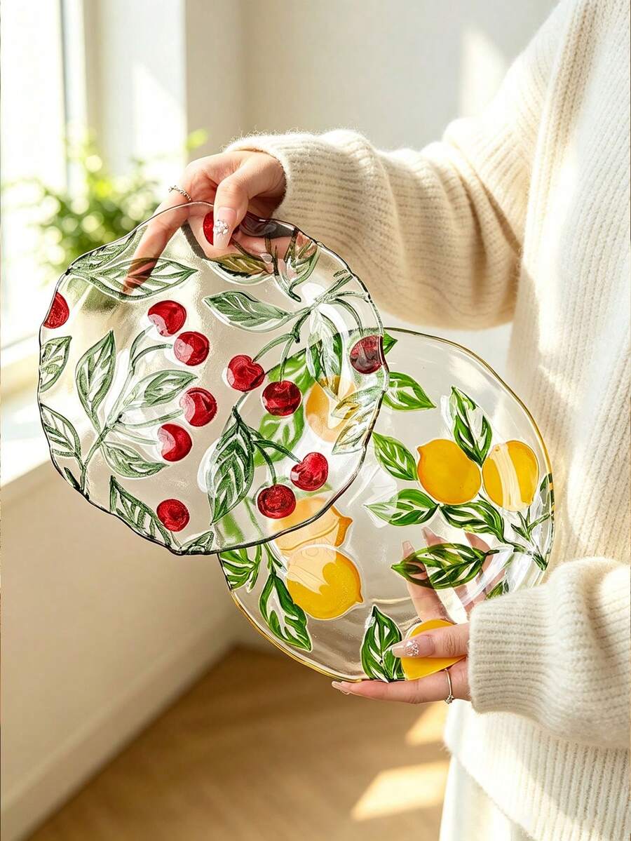 Piring Kaca Transparan Motif Ceri dan Lemon Timbul yang Lucu, Piring Buah 3D 8 Inci, Piring Stroberi Timbul yang Sangat Menarik, Piring Kue dan Makanan Penutup, Piring Camilan Rumah yang Cantik, Piring Camilan Ruang Tamu, Piring Sarapan