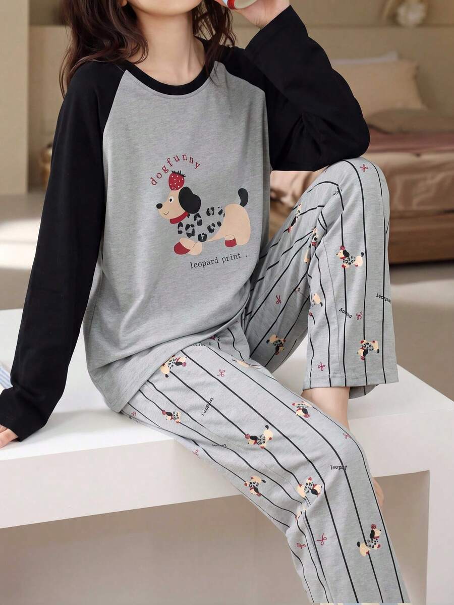 Women's Round Neck Cartoon Puppy Print Pajama Set, Long Sleeve Top + Pants With Pockets, Cute Pajama Set, Women's Loungewear Set - Light Grey - View 1