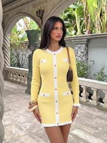 Women's New Autumn Elegant Contrast Color Metal Button Dress, Paired With Elegant Ruffle Blazer, Yellow Dress, Featuring Front Button Design Fall - Yellow - View 5