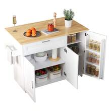 L132.5*B44(70)*H90cm Large Mobile Kitchen Table, Foldable Countertop, Oak Wood Grain, Multifunctional Cabinet, Spice Rack, Towel Holder, 5 Wheels, Suitable Kitchen/Dining/House - White+Natural + MDF - View 7