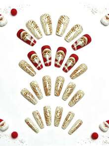 Christmas Medium-Long 24pcs Glossy White Santa Claus Pattern Fake Nails, Removable And Reusable Nail Stickers, Convenient For Travel, Parties, Events And Holidays - White - View 6