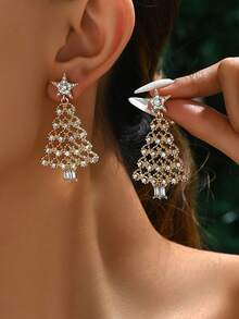 1 Pair Christmas Tree Stud Earrings With One Rhinestone Star And Full Colorful Rhinestone Embellishments, Suitable For Holiday Wear - Multicolor 1 - View 6