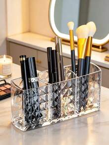 1 Piece Acrylic Makeup Brush Organizer, 3 Compartment Cosmetic Organizer, Pen Holder For Dormitory Bedroom, Back-To-School Essential - Multicolor - View 2