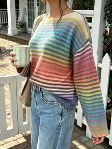 Niche Design Colorful Horizontal Striped Loose Drop Shoulder Drop Shoulder Knit Sweater - Multicolor - View 3