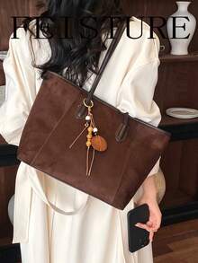 FEISTURE 1件大容量復古通勤單肩托特包，拉鍊開合，附吊飾，適合日常出行、約會、通勤 - 咖啡 - 查看 5