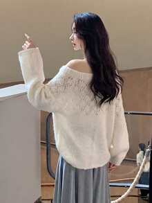 Autumn/Winter New Gentle Style Bow Hollow Lace-Up Knit Sweater Mid-Length Soft Fluffy Cold Shoulder Long Sleeve Top - Apricot - View 3