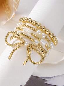 5pcs/Set Butterfly & Pearl Accent Teen Bracelets, Handmade Elastic String Beaded Pearl CCB Bracelets, Suitable For Daily Match, Travel, Party, Gift - Multicolor - View 3