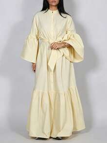 Women's Plus Size Elegant Long Shirt Dress, Casual Flared Sleeves, Stand Collar With Front Tie And Ruffle Hem, Suitable For Spring, Autumn, Winter Party And Vacation - Yellow - View 5