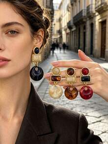 2pcs Bohemian Colorful Resin Round Teardrop Rhinestone Pendant Earrings, Daily Casual Outfit Accessory Gift - Small Round - View 2