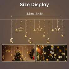 Solar LED Curtain Night Light - Warm Light, Star And Moon Pattern, USB Powered. Perfect For Wall Decor, Bedrooms, New Year, Christmas And Halloween Parties. Smart Festive Lighting That Can Turn Any Room Into A Starry Wonderland - Solar Powered Star and Moon Curtain Lights - View 3