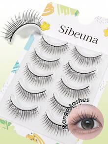 Sibeuna 5對仙女假睫毛 自然款 透氣韓系偶像風 短款自然假睫毛 纖細長 14mm 尖翹漫畫睫毛 透明根部 動感活力風 - 黑色 - 查看 2