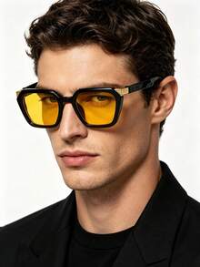 RENNES 1pc Men Retro Square Fashionglasses, Gold Inlay Decor Durable Light-Tinted PC Lenses, Stylish Design Eyewear For Travel Driving Vacation - Multicolor - View 11
