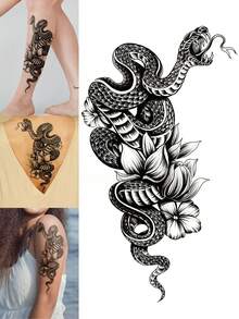 1pc Black Creative Personalized Snake & Floral Pattern DIY Party Gift Holiday Gift Music Festival Temporary Waterproof Tattoo Sticker For Arm, Waist, Abdomen, Back, Leg - Black - View 1