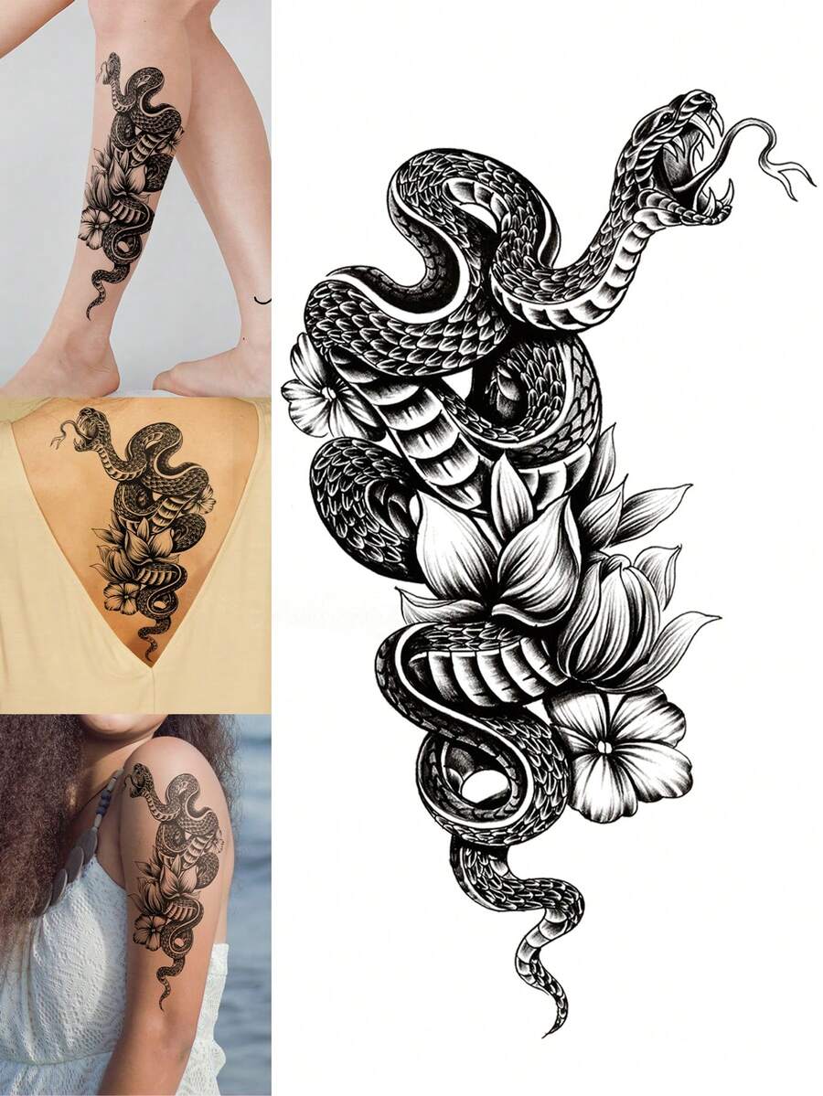1pc Black Creative Personalized Snake & Floral Pattern DIY Party Gift Holiday Gift Music Festival Temporary Waterproof Tattoo Sticker For Arm, Waist, Abdomen, Back, Leg - Black - View 1