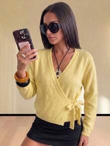 Women's V-Neck Cross Collar Side Tie Bow Elegant Loose Basic Solid Color Cardigan Sweater, Thick Warm Knit Open Front, Suitable For Single Wear Or Layering, Autumn/Winter - Yellow - View 4