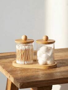 Modern Bathroom Storage Jar Set With Bamboo Tray, 2 Clear Q Tip And Cotton Ball Holders With Bamboo Lids For Vanity Countertop Decor - Multicolor - View 4