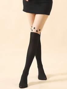1 Pasang Celana Ketat Gaya Korea Motif Bintang Digital Model Tinggi Selutut Warna Hitam & Krem - Hitam - View 6