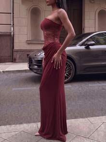 Women Chic New Off Shoulder Sheer Lace Back Draped Ruched Side Bodycon Mermaid Maxi Dress Elegant Evening Party Cocktail Wedding Guest Prom Outfit - Burgundy - View 3