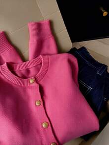 Autumn/Winter New Dragon Fruit Red Round Neck Knitted Cardigan, Paired With Exquisite Metal Gold Buttons, Simple And Clean. Delicate Soft Knitted Fabric, Long Sleeve Ribbed Cuffs, Solid Color Versatile And Eye-Catching, Brightens Complexion, Great For Wearing Alone Or Layering, Gentle And Attractive. - Hot Pink - View 4