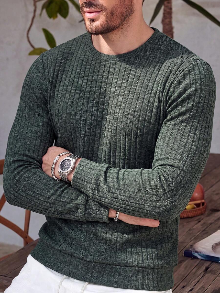 Suéter de punto de manga larga con cuello redondo y textura de costillas verticales para hombre, capa base para desplazamientos - Verde - Ver 1