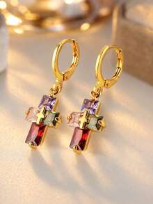 Tsnamer 1 Pair Of Classic Cross-Shaped Dangle Hoop Earrings With Exquisite Crystal Cube Zirconia Pendants - Earring - View 8