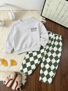 2pcs/Set Baby Boy Outfit, Crew Neck Sweatshirt With English Print Paired With Simple Casual Argyle Pattern Long Pants, Comfortable Autumn/Winter New Baby Boy Set - Light Grey - View 2