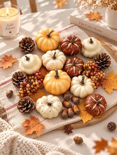 23pcs Pumpkin Decor Set, Autumn Harvest Decorations With Mini Pumpkins, Acorns, Pinecones, Berries, Maple Leaves, Suitable For Home Tabletop, Wedding DIY, Autumn Halloween Thanksgiving Decor